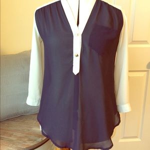 Ya Los Angeles Navy Blue and Cream 3/4 Length Top